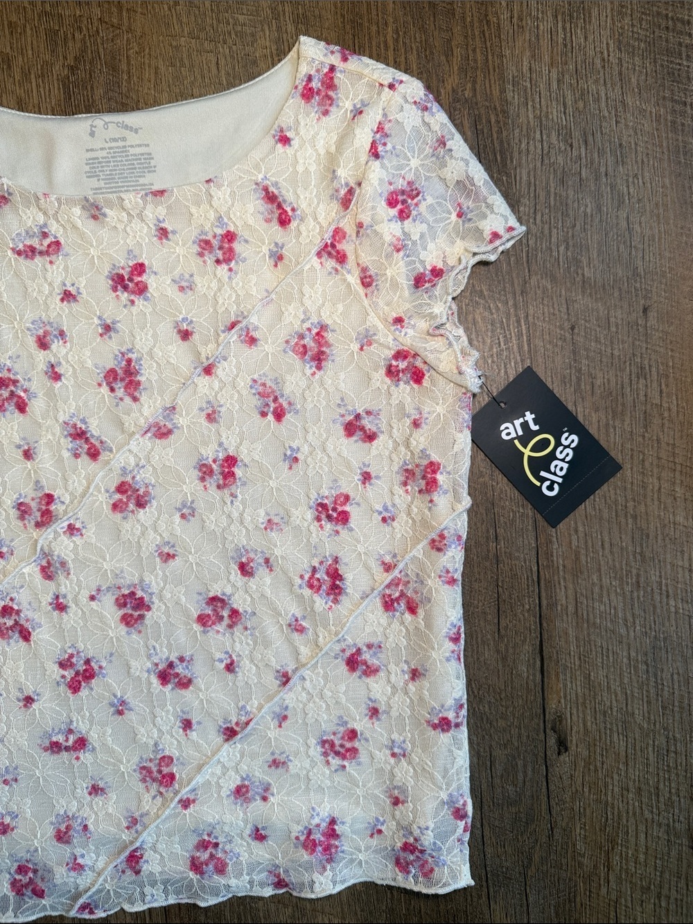 NWT Art Class Girls Cream Lace Top with Pink Floral Print Size Large 10/12 - Picture 3 of 8